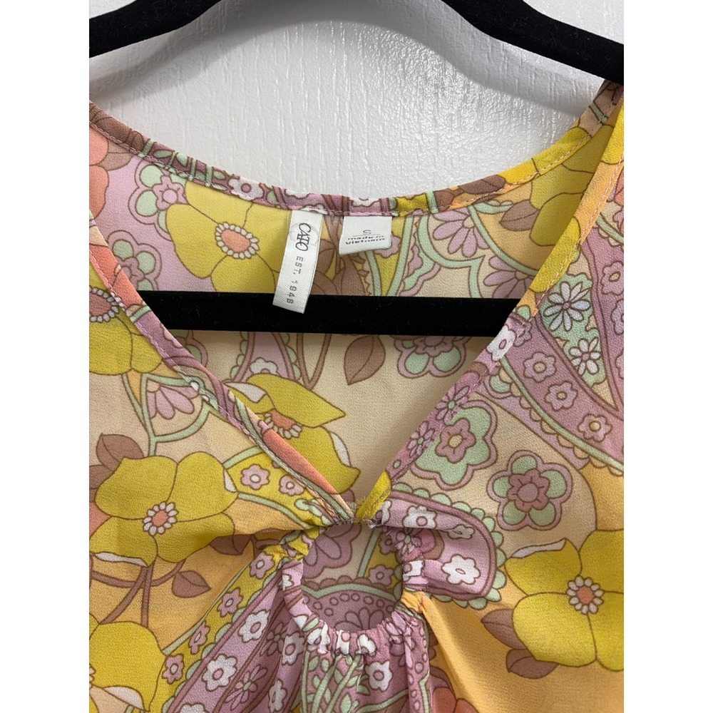 Cato Womens Retro Floral Paisley V-Neck O-Ring Keyhole Blouse Yellow S - Picture 3 of 4